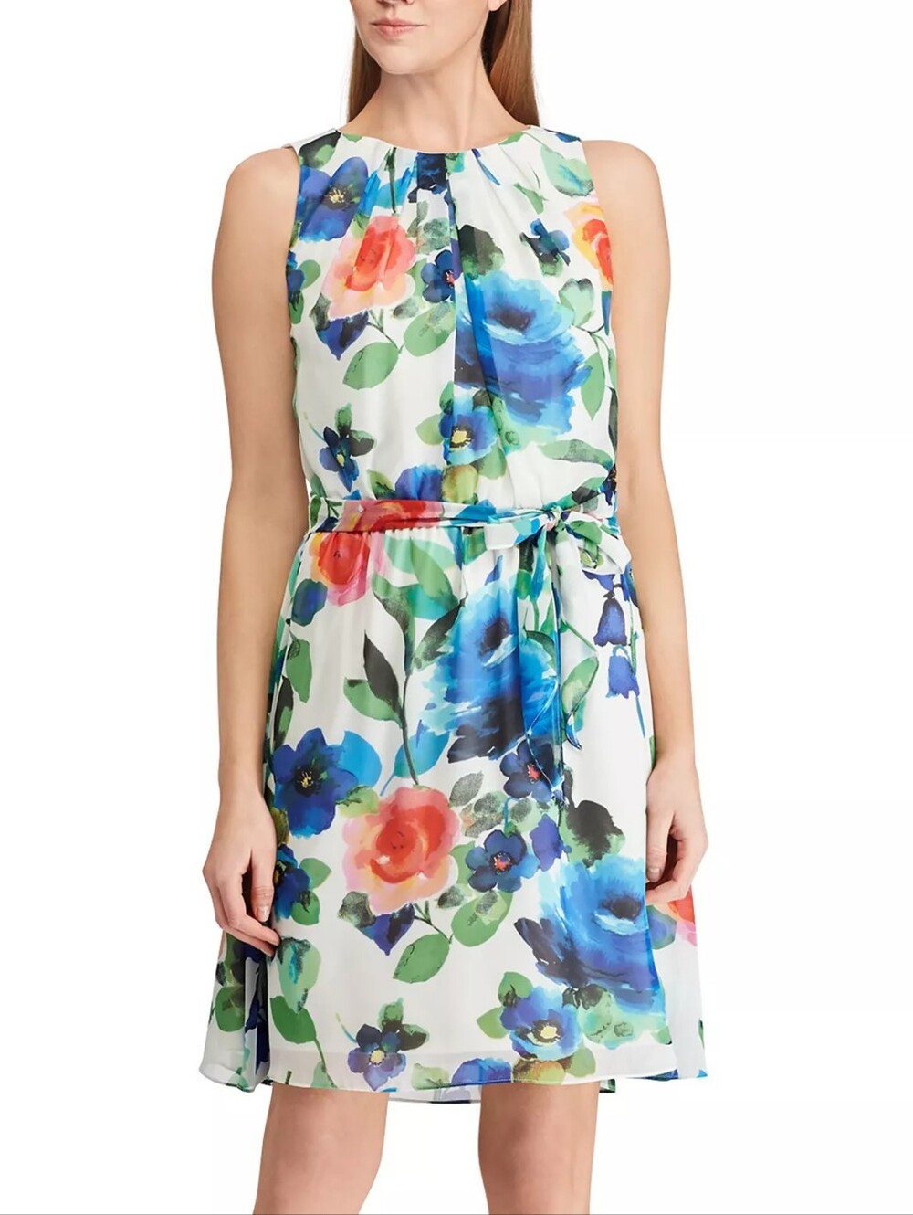 Chaps Floral A Line Knee Dress Keyhole White Blue Sleeveless Elastic Waist 14